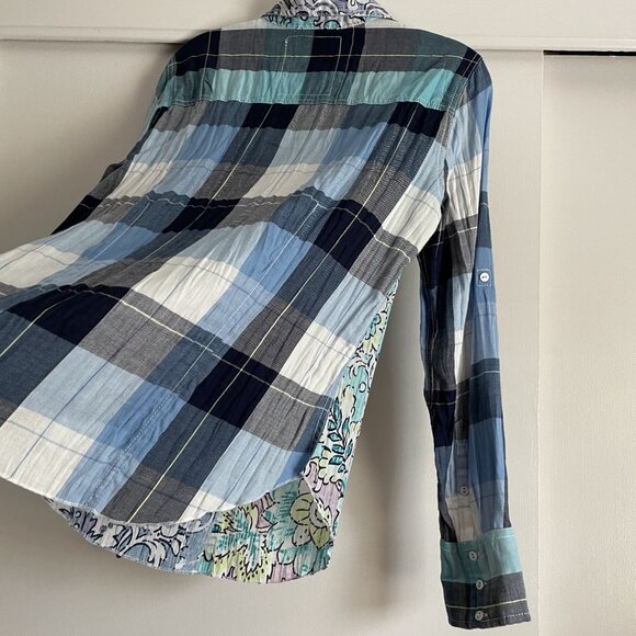 Cino SUNDANCE Floral Plaid Mixed Print Button Down Top Size S Blue Cotton - Picture 14 of 16